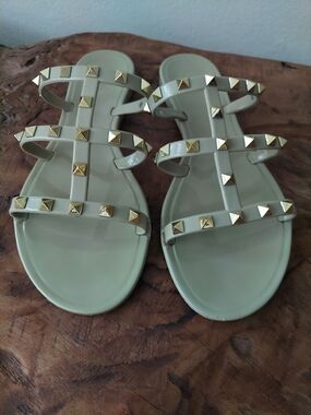 Studded Flat Sandals - Light Sage Green